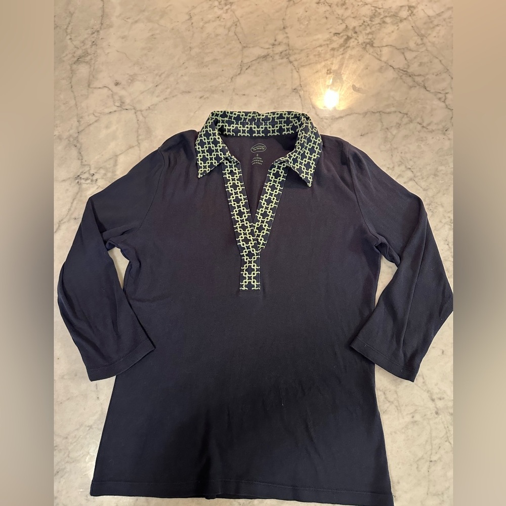 Talbot’s Navy Polo Tunic with Patterned Green Collar Ladies SM 3/4 sleeve NWOT